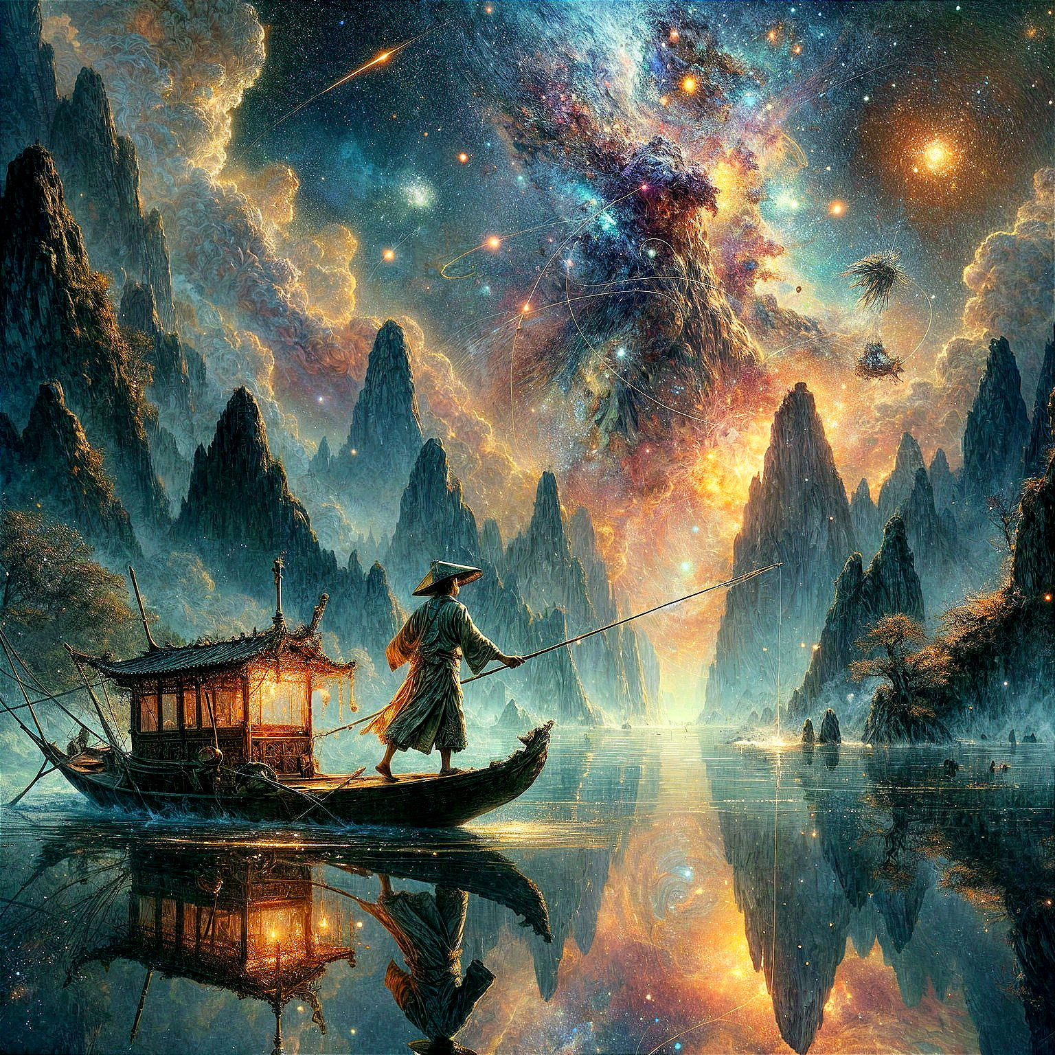 Cosmic Landscape with Mountains and Tranquil Lake