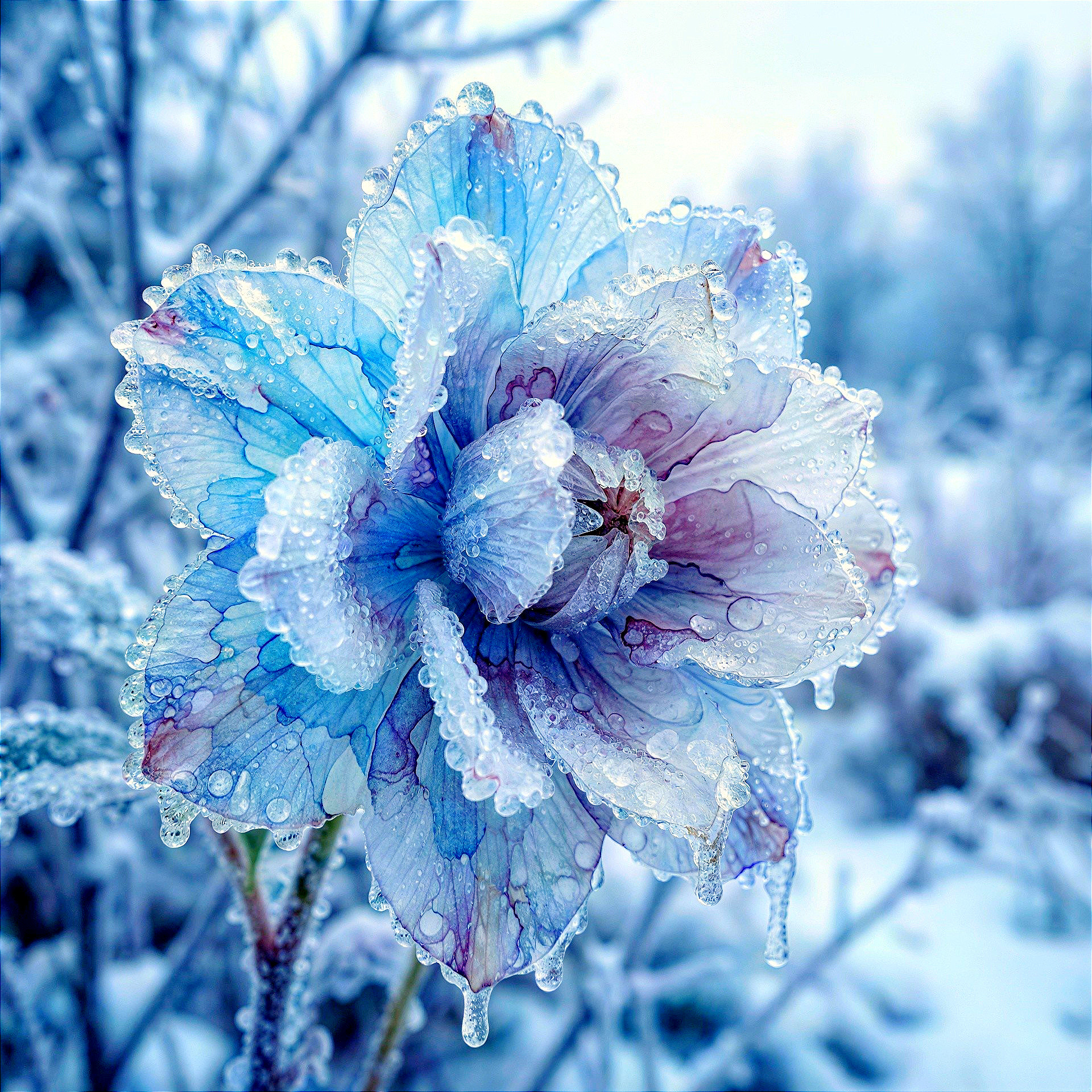 Frozen Blue Flower with Ice Crystals in Winter Scene
