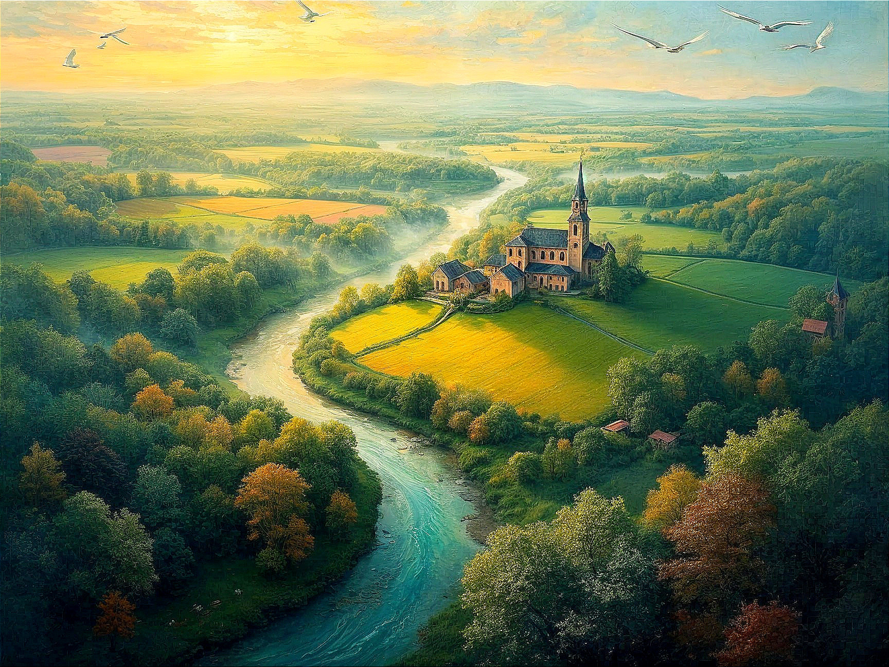 Serene Landscape with River and Charming Village