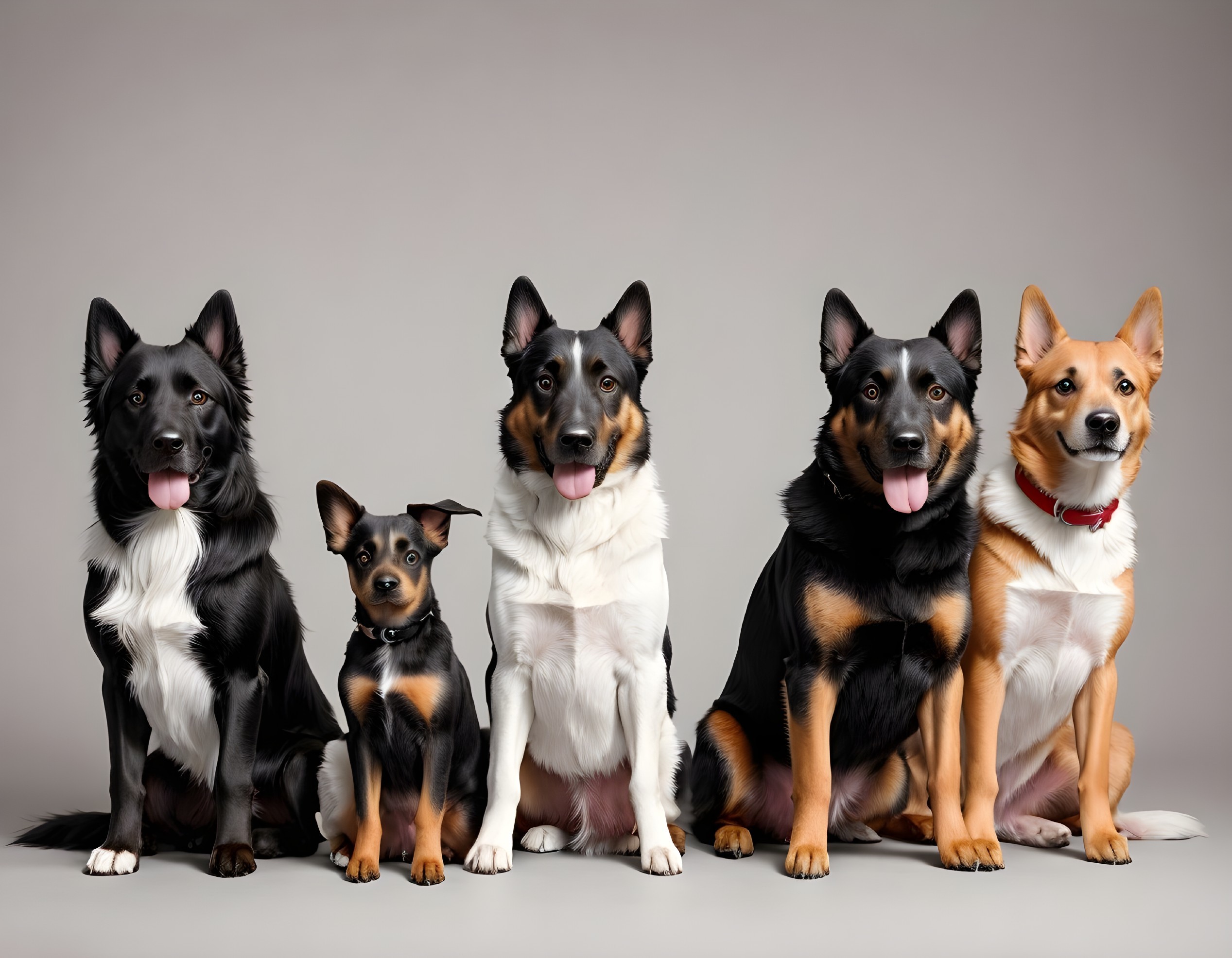 Lineup of Five Playful Dogs on Gray Background