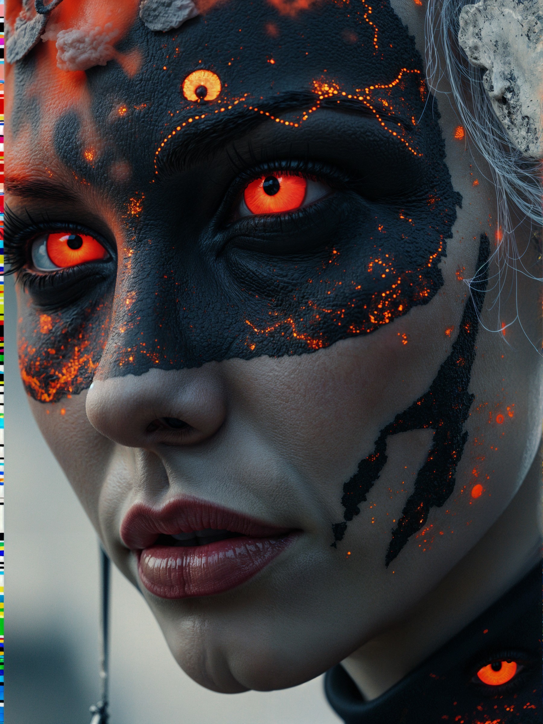 Close-up of Dramatic Face Paint in Black and Orange