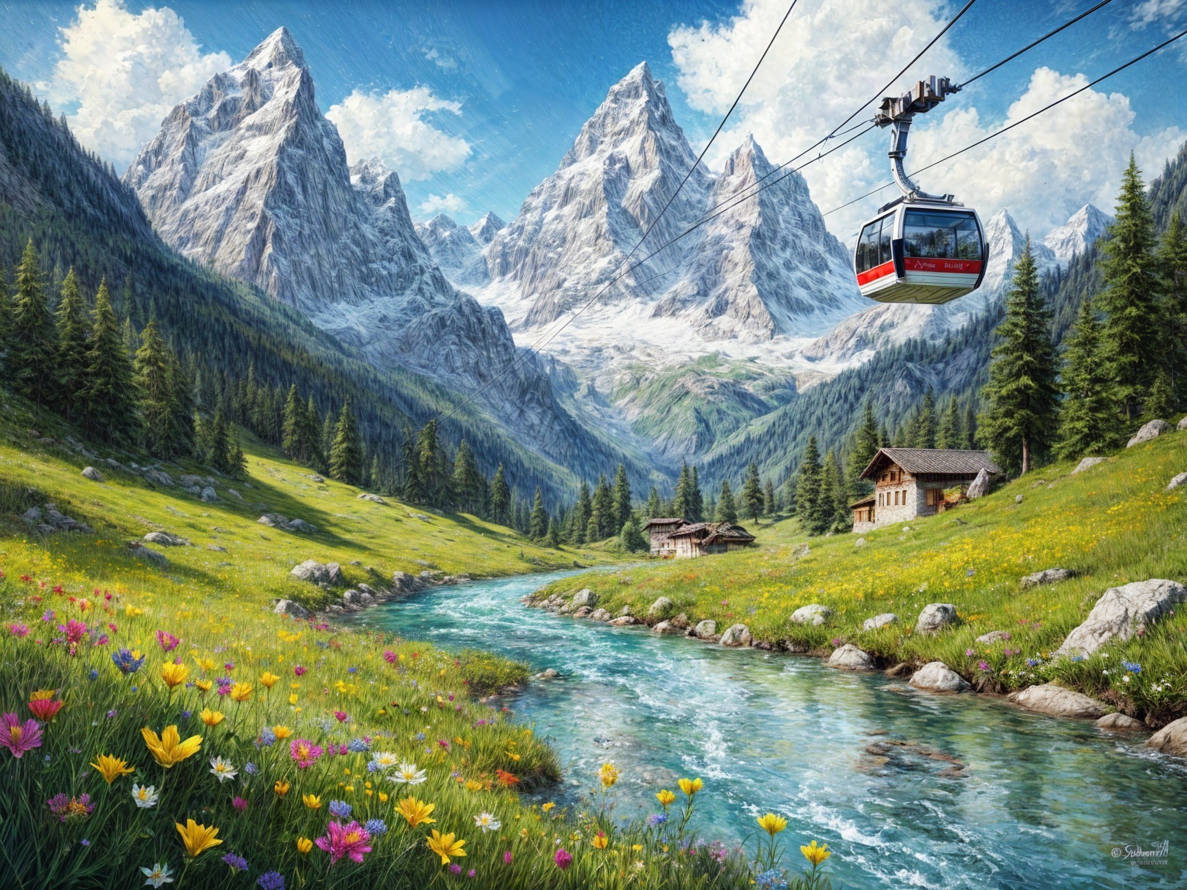 Alpine Landscape with Snow-Capped Mountains and Cabins