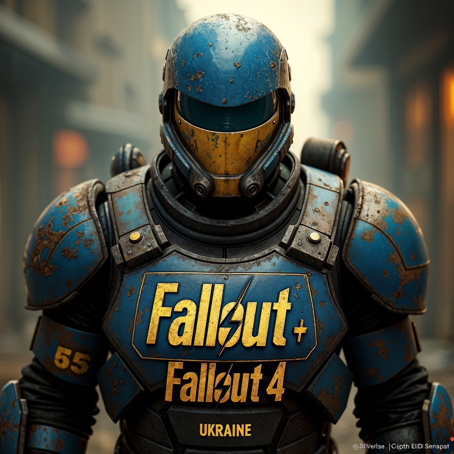 Futuristic Soldier in Weathered Blue Power Armor