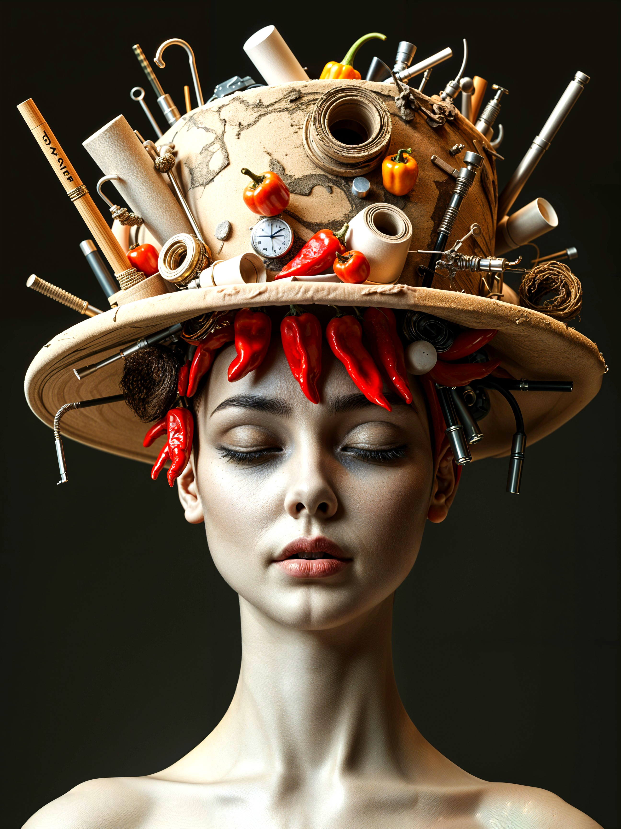 Portrait of a model with a whimsical, eclectic hat