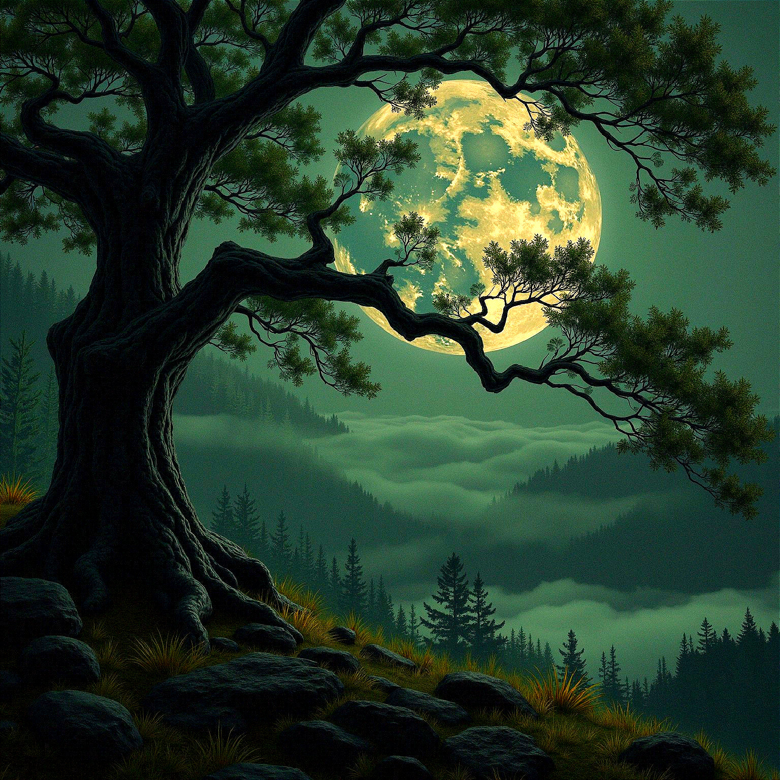 Majestic tree under glowing full moon in misty landscape