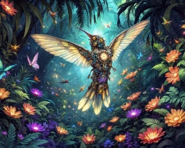 Mechanical Hummingbird in a Mystical Jungle Setting