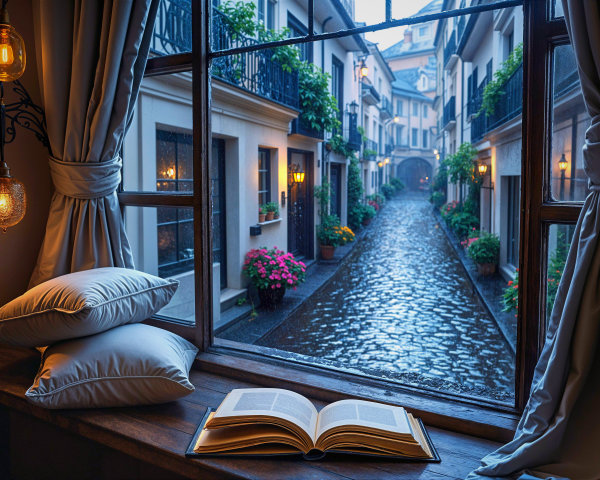 Cozy Window View of Rainy Cobblestone Street