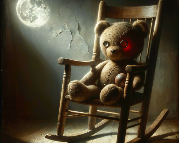 Weathered Teddy Bear in Moonlit Rocking Chair