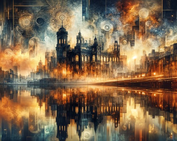 Surreal Cityscape at Dusk with Colorful Clouds
