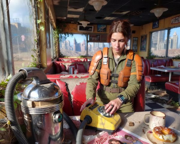 Young Female Survivor in Decaying Diner Setting