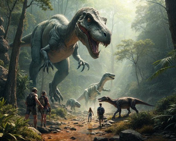 Prehistoric Forest with Dinosaurs and Explorers