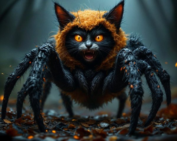 Hybrid Creature of Black Cat and Spider in Misty Setting
