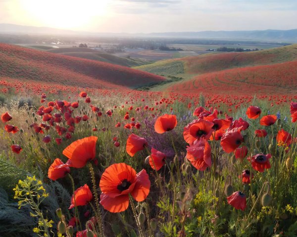 Vibrant Rolling Hills with Red Poppies at Sunset