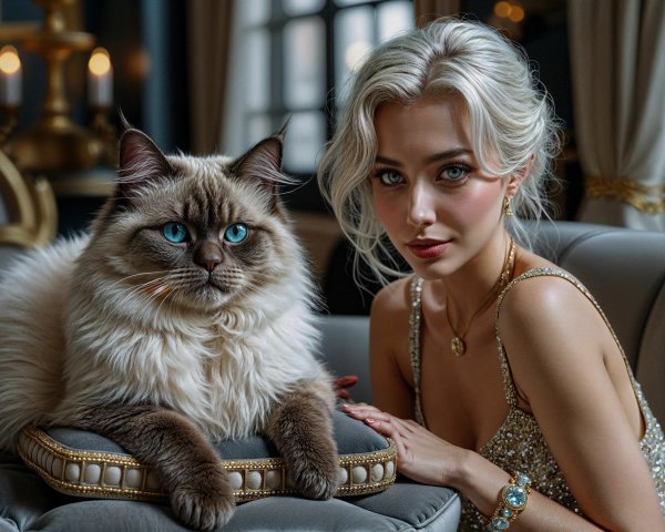 Young woman and fluffy cat in a decorated room