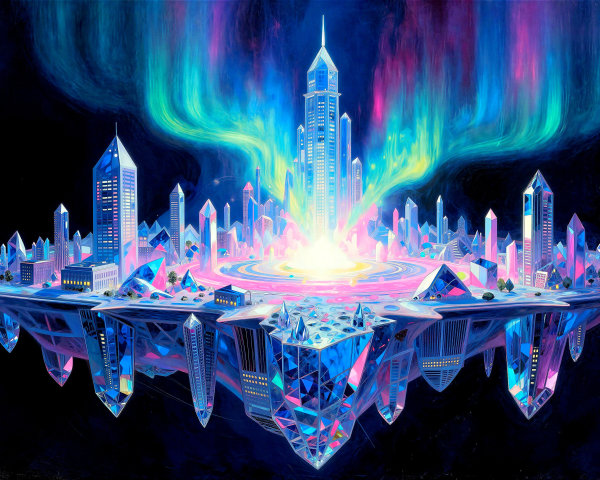 Futuristic City with Luminous Crystal Buildings