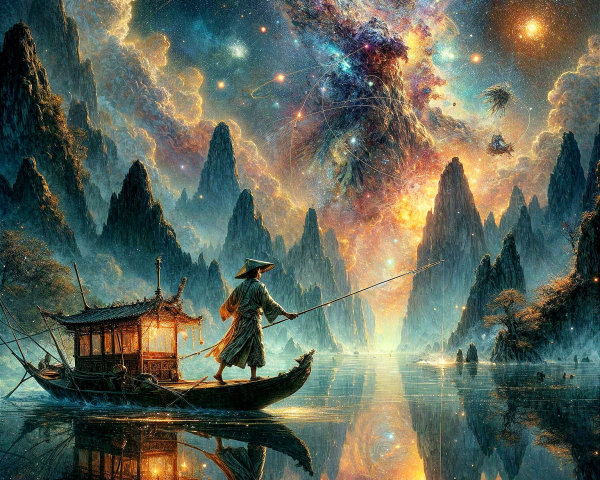 Cosmic Landscape with Mountains and Tranquil Lake