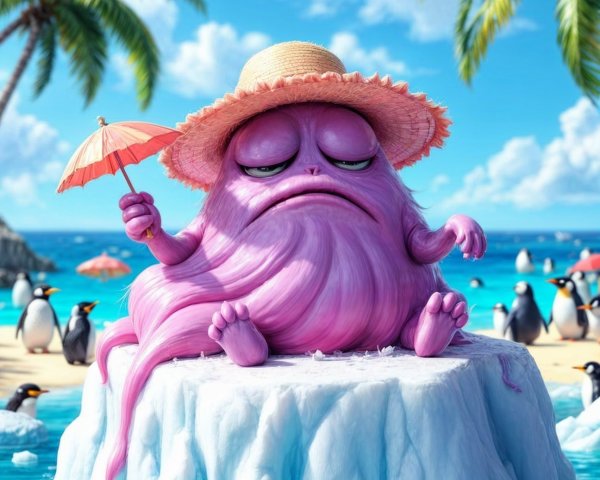 Whimsical Pink Furry Creature on Ice Floe at Beach