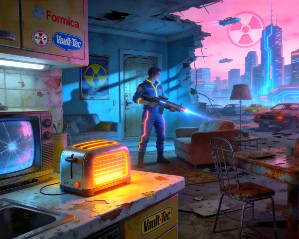 Futuristic Scene in Ruined Room with Cyberpunk Skyline