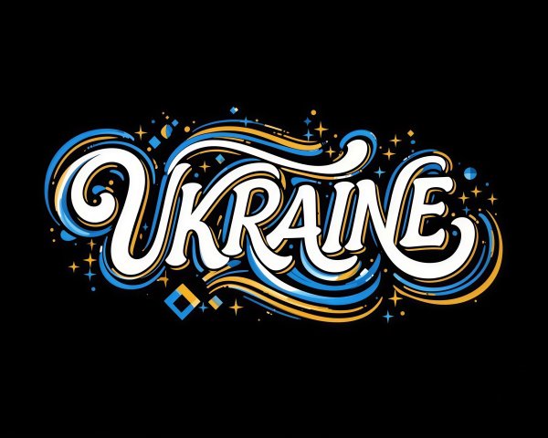 Stylized Ukraine Text on Black Background with Flourishes