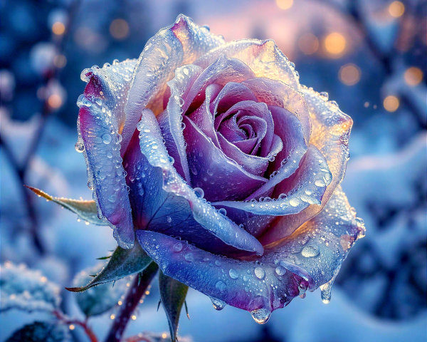 Close-Up of a Frost-Covered Multicolored Rose