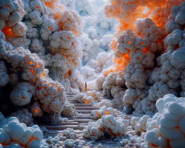 Surreal Landscape with Cloud-Like Structures and Figure