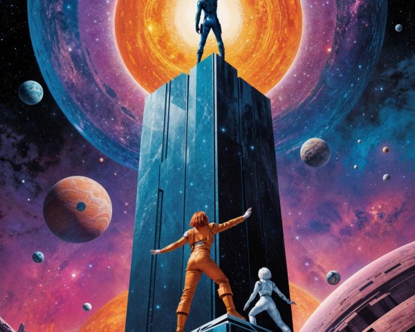 Cosmic Scene with Monolith and Figures in Space