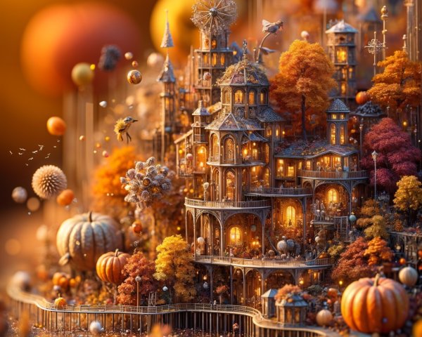 Whimsical Autumn Village with Glowing Windows and Foliage