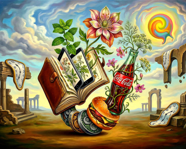 Surrealist Painting Featuring Warped Landscape and Objects