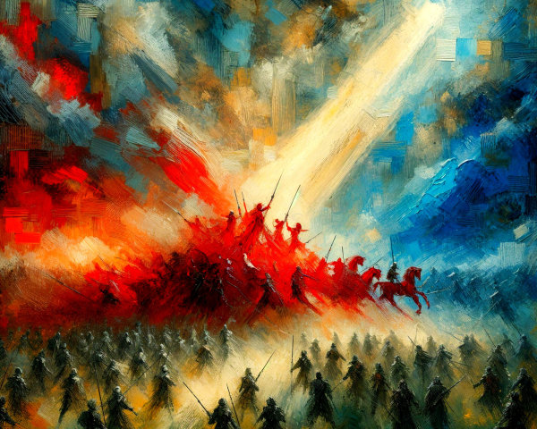 Vibrant Battlefield Scene with Soldiers and Warriors