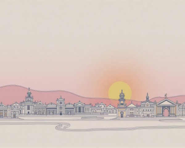 Stylized cityscape with wavy lines and gradient sky