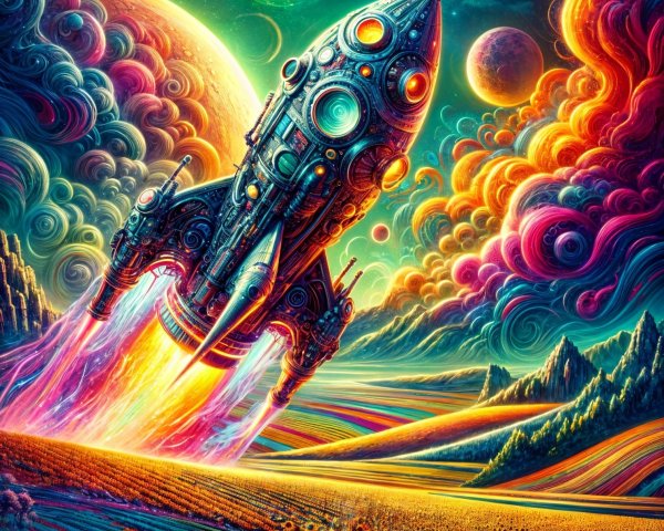 Surreal Landscape with Rocket and Colorful Galaxy