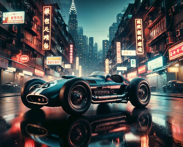 Vintage Racing Car in Neon-Lit Cityscape at Night
