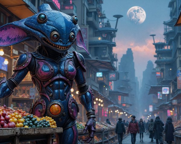 Market Scene with Alien Creature Under Moonlit Sky