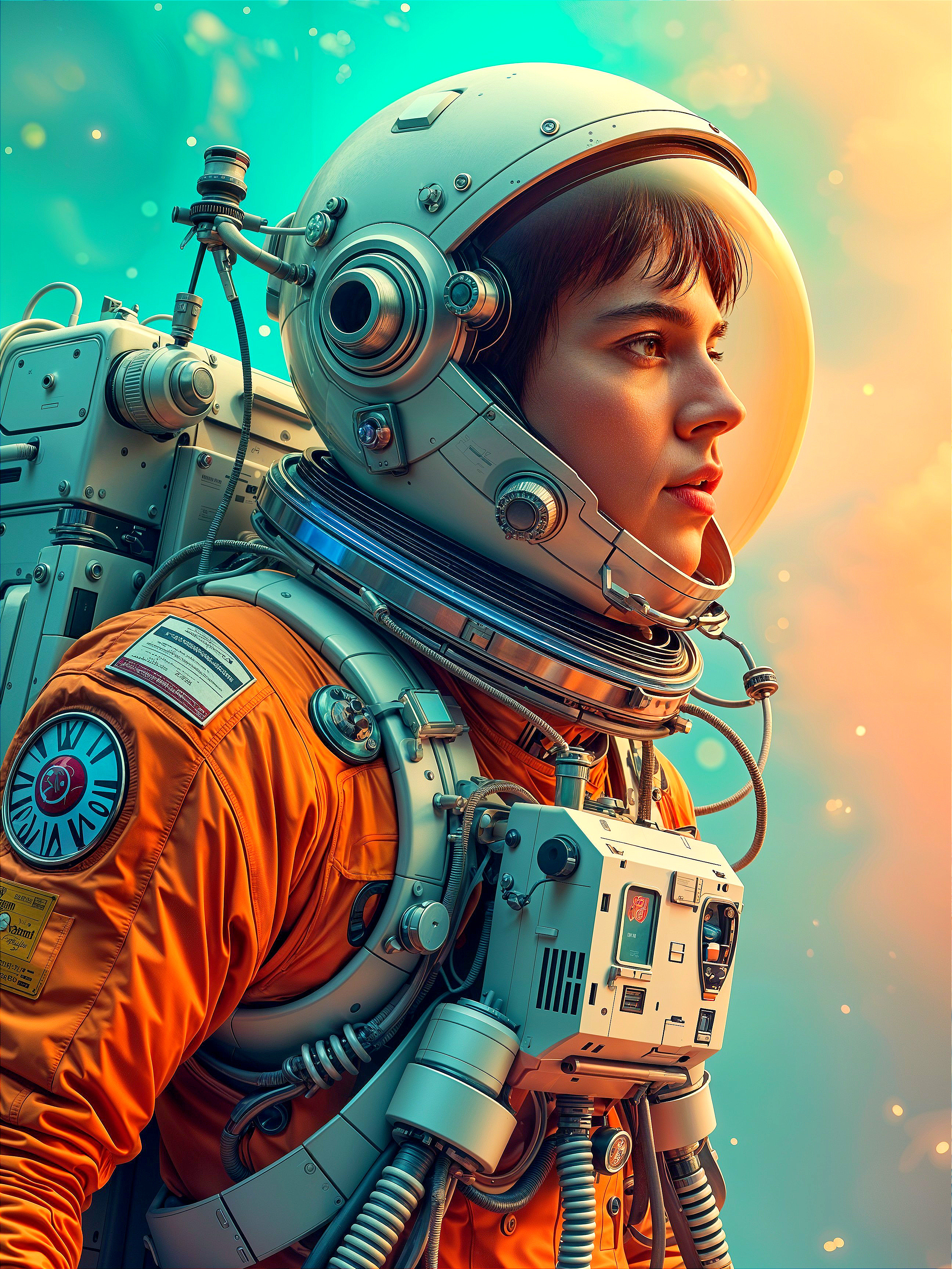 Space Explorer in Orange Suit Against Cosmic Background