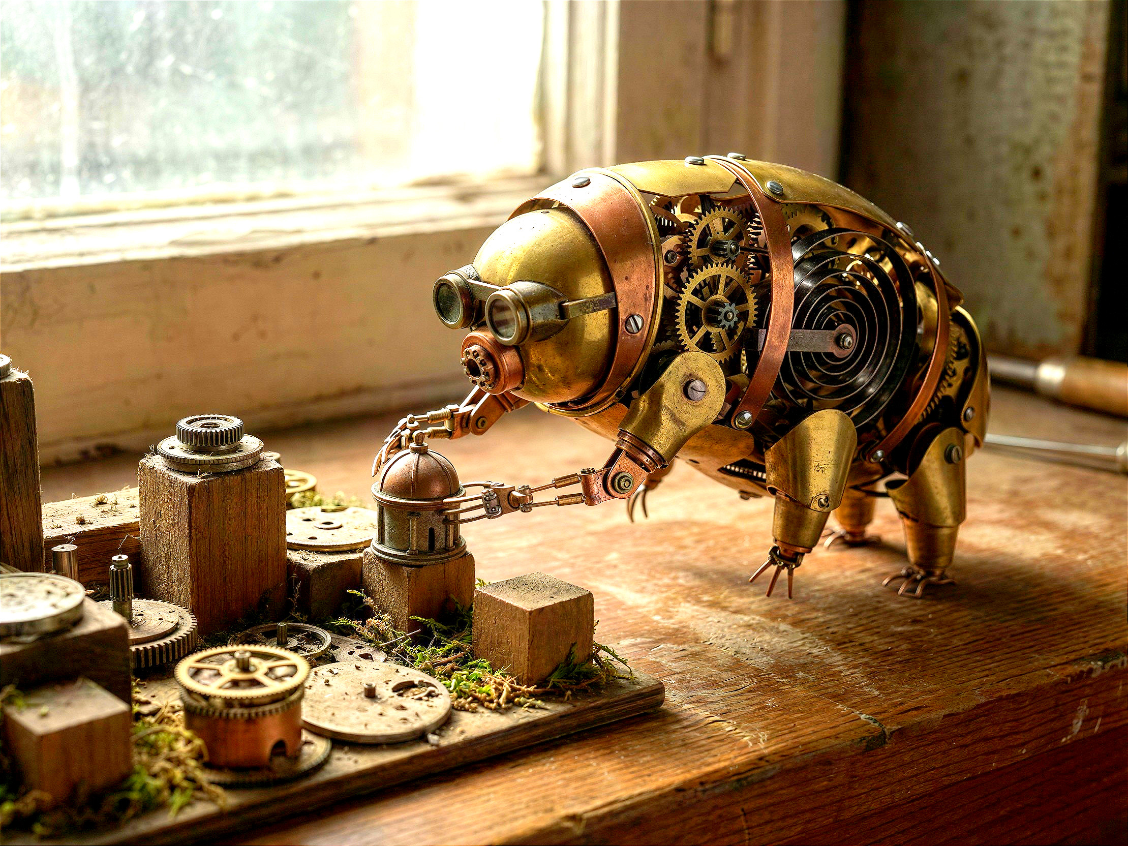 Steampunk Mechanical Tardigrade on Wooden Workbench