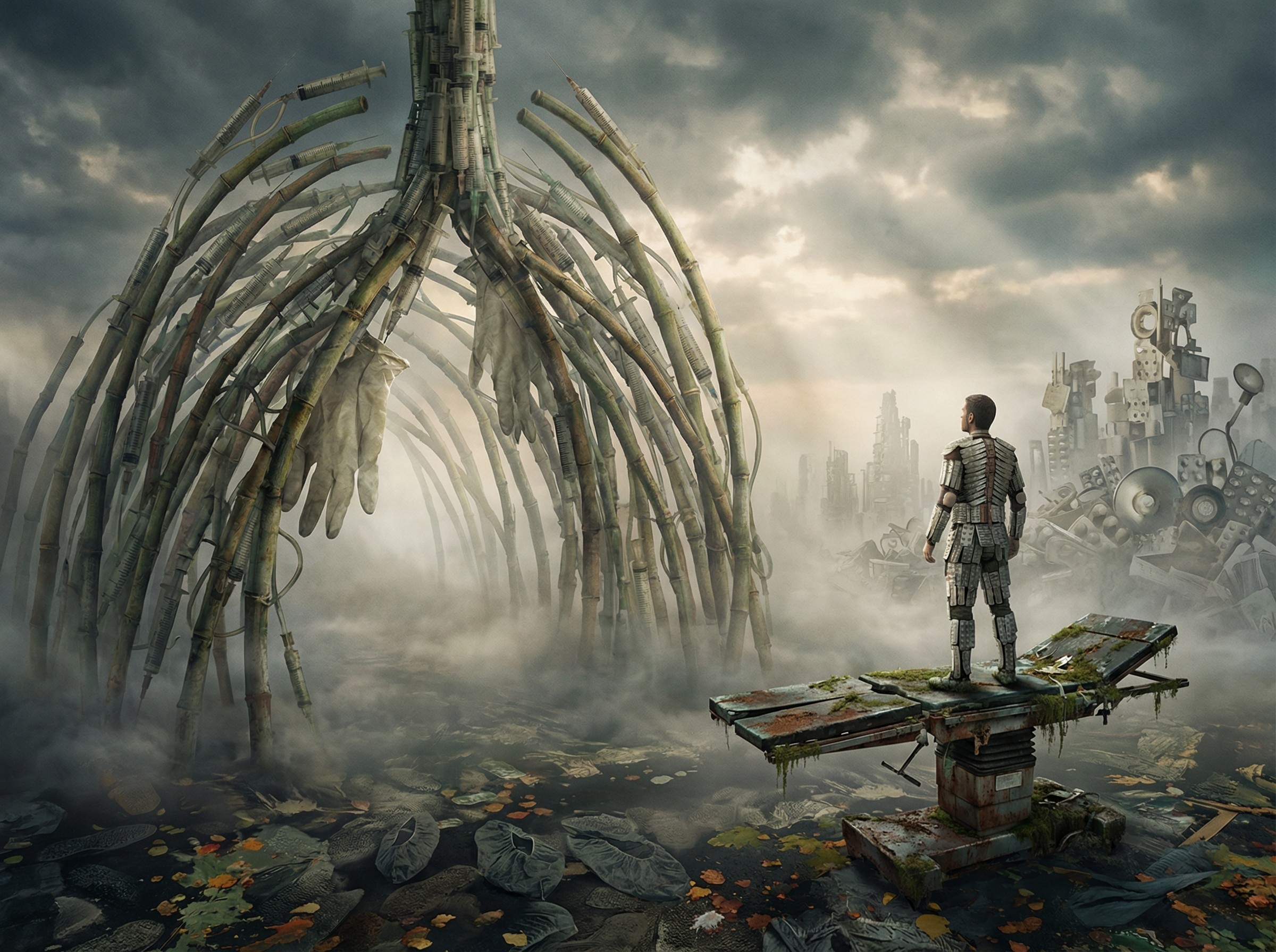 Surreal Landscape with Medical Instruments and Armor
