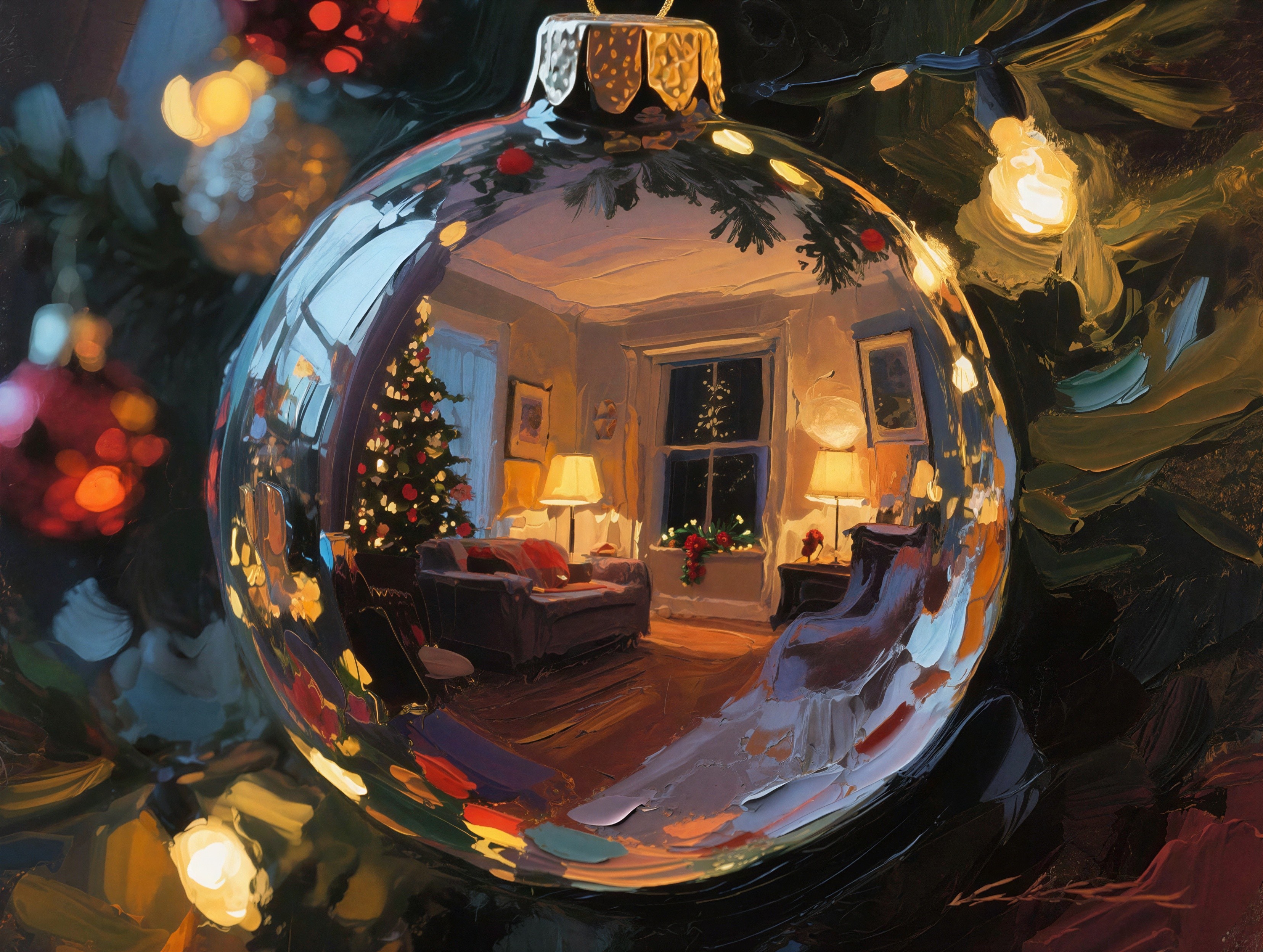 Close-up Oil Painting of Silver Christmas Ornament