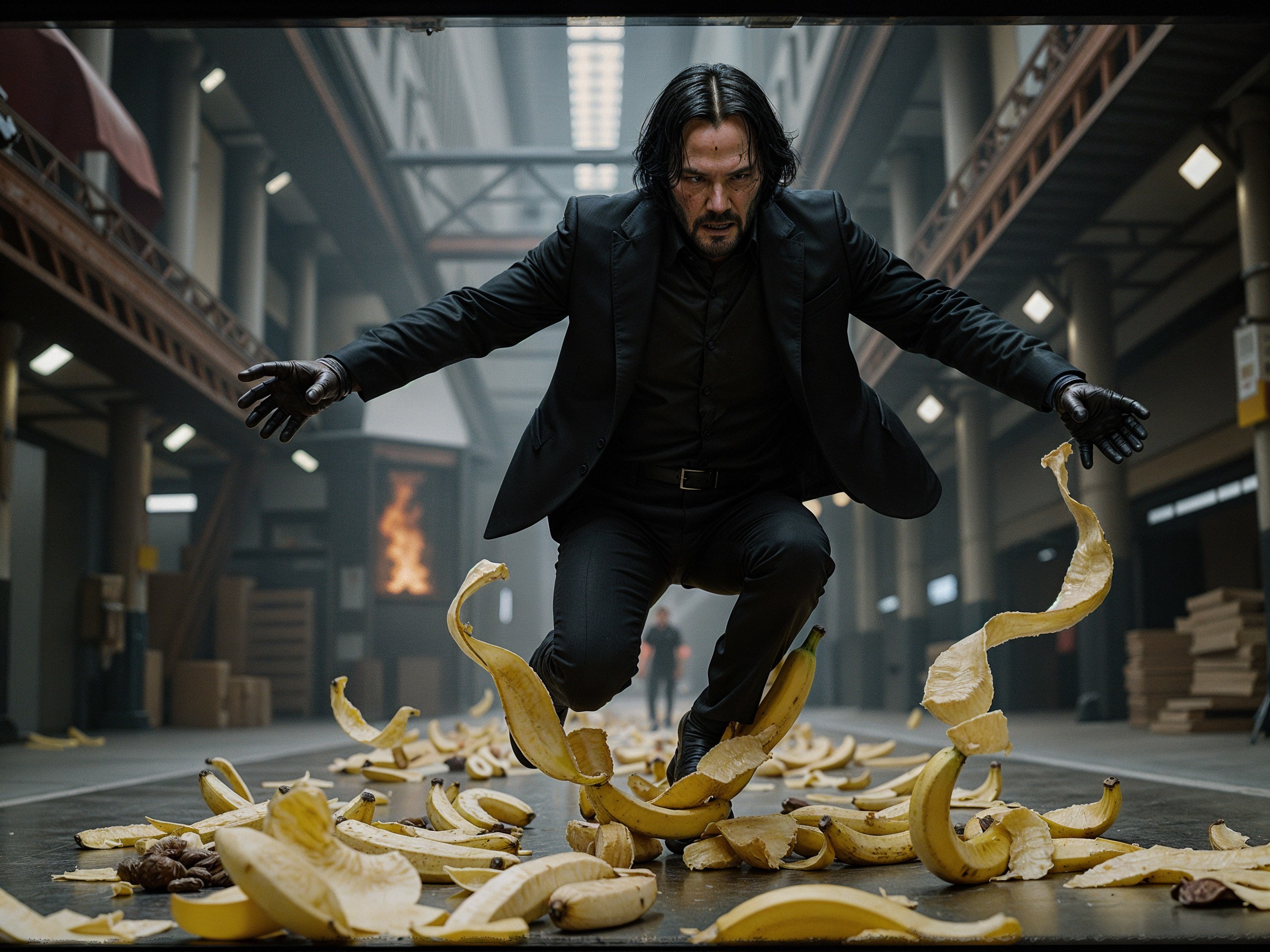 Dramatic Scene of a Man Jumping Over Banana Peels