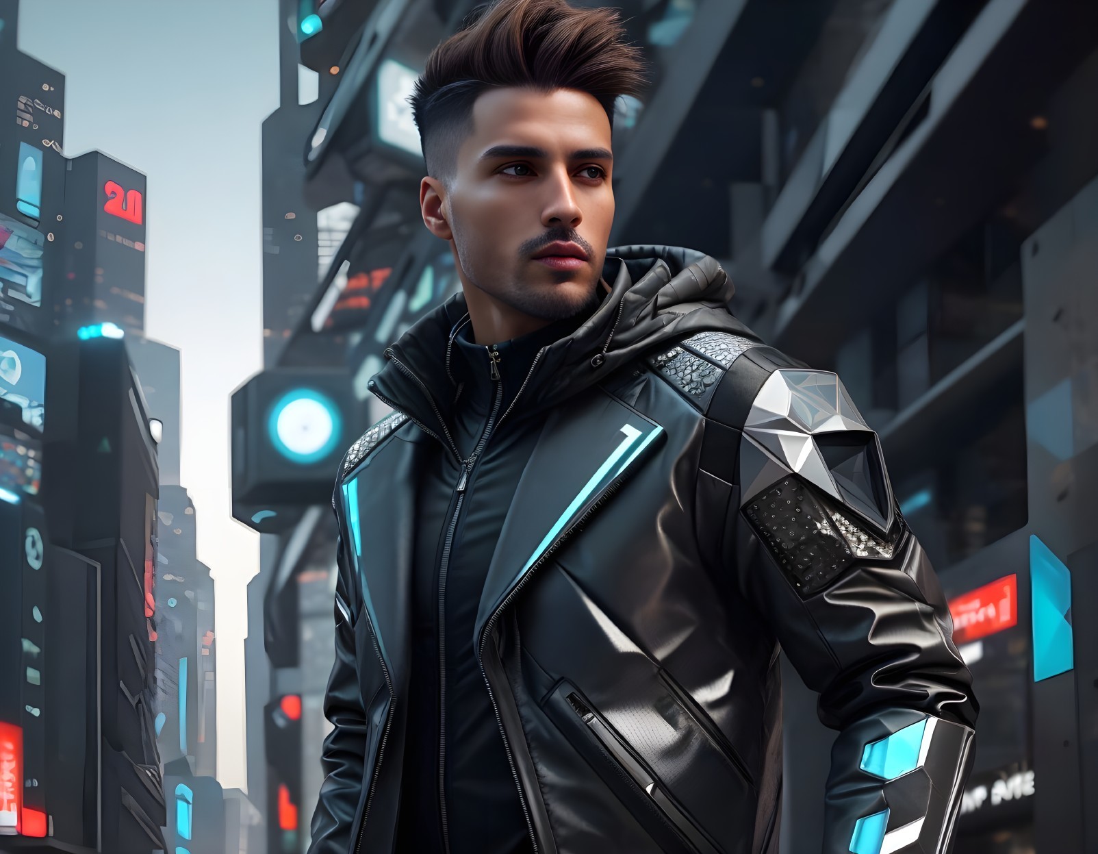 Young man in futuristic urban setting with stylish attire