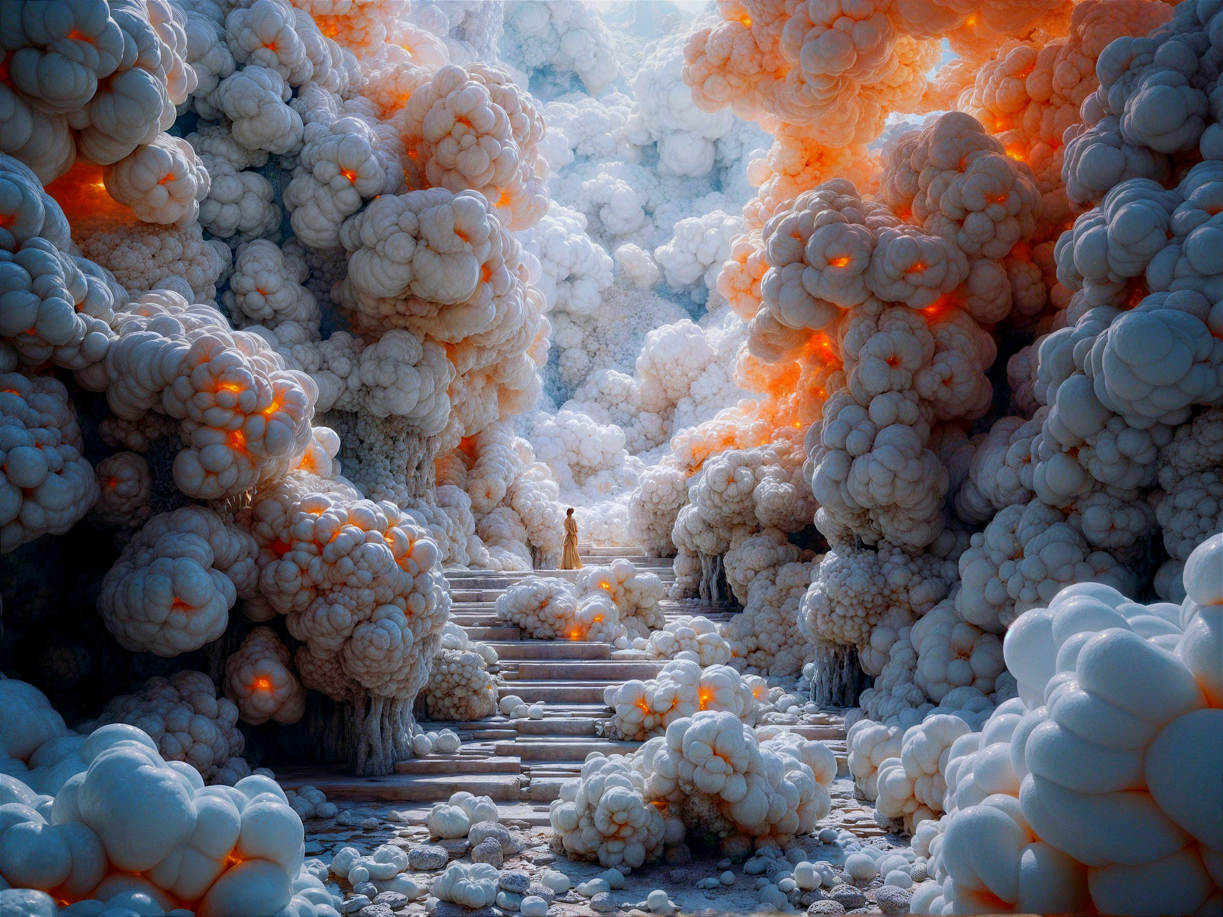 Surreal Landscape with Cloud-Like Structures and Figure