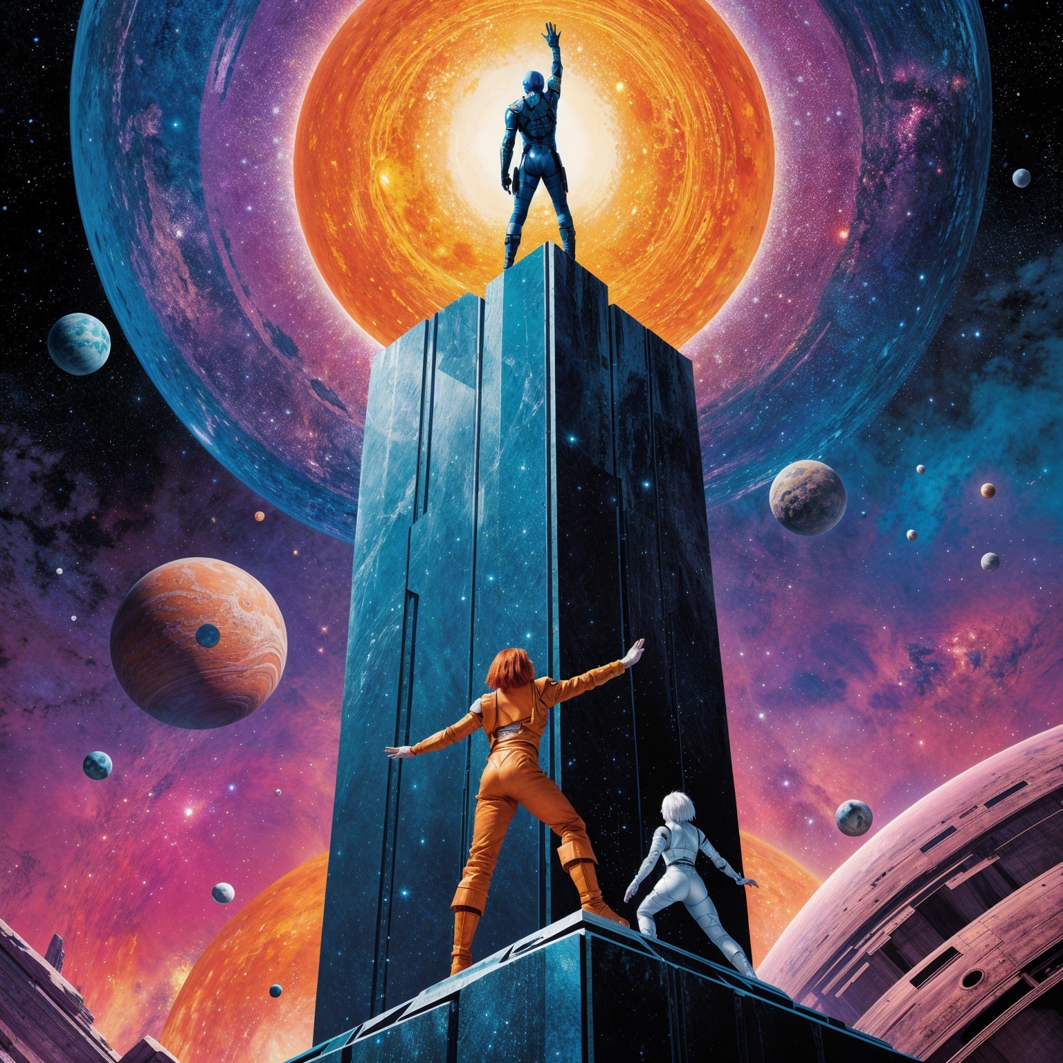 Cosmic Scene with Monolith and Figures in Space