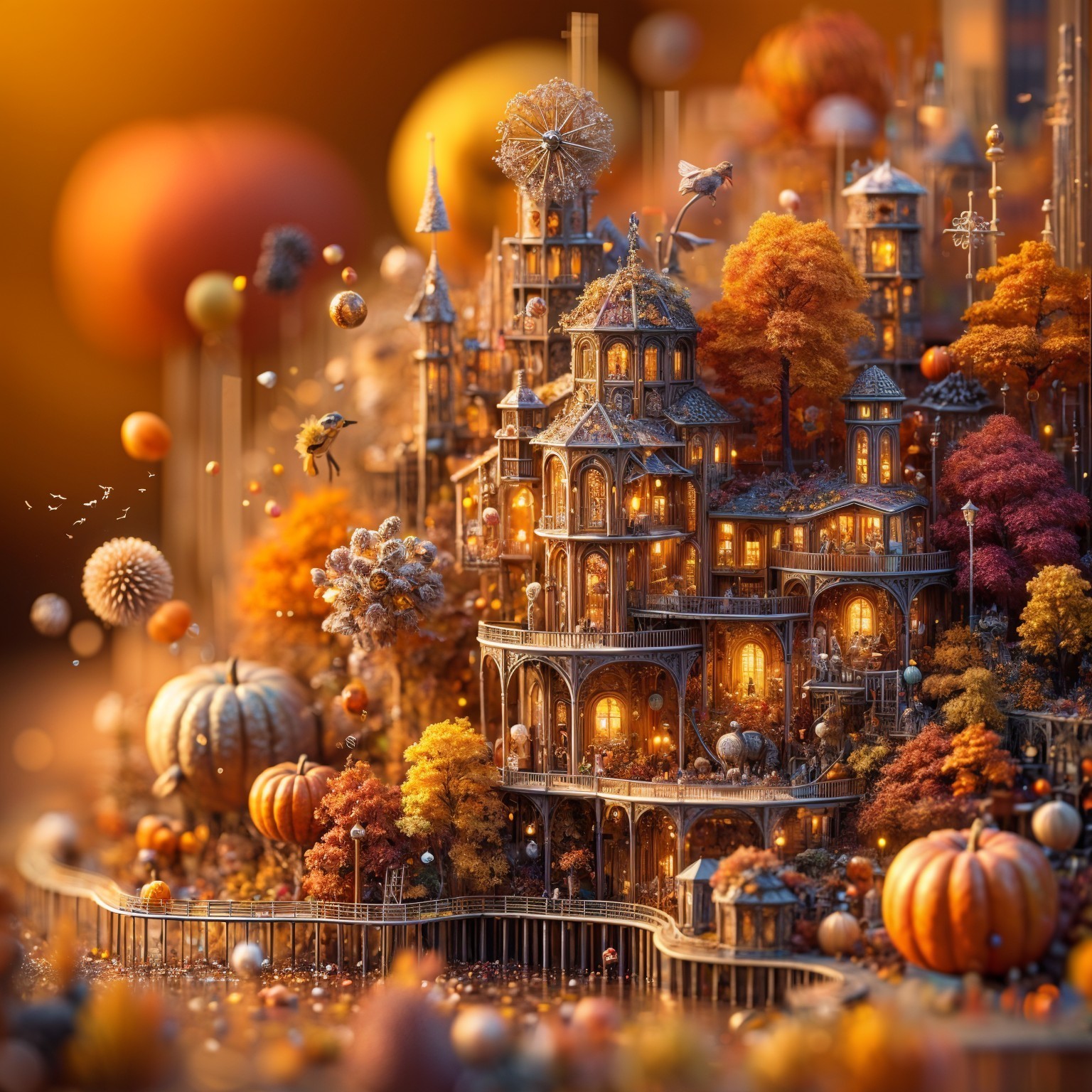 Whimsical Autumn Village with Glowing Windows and Foliage