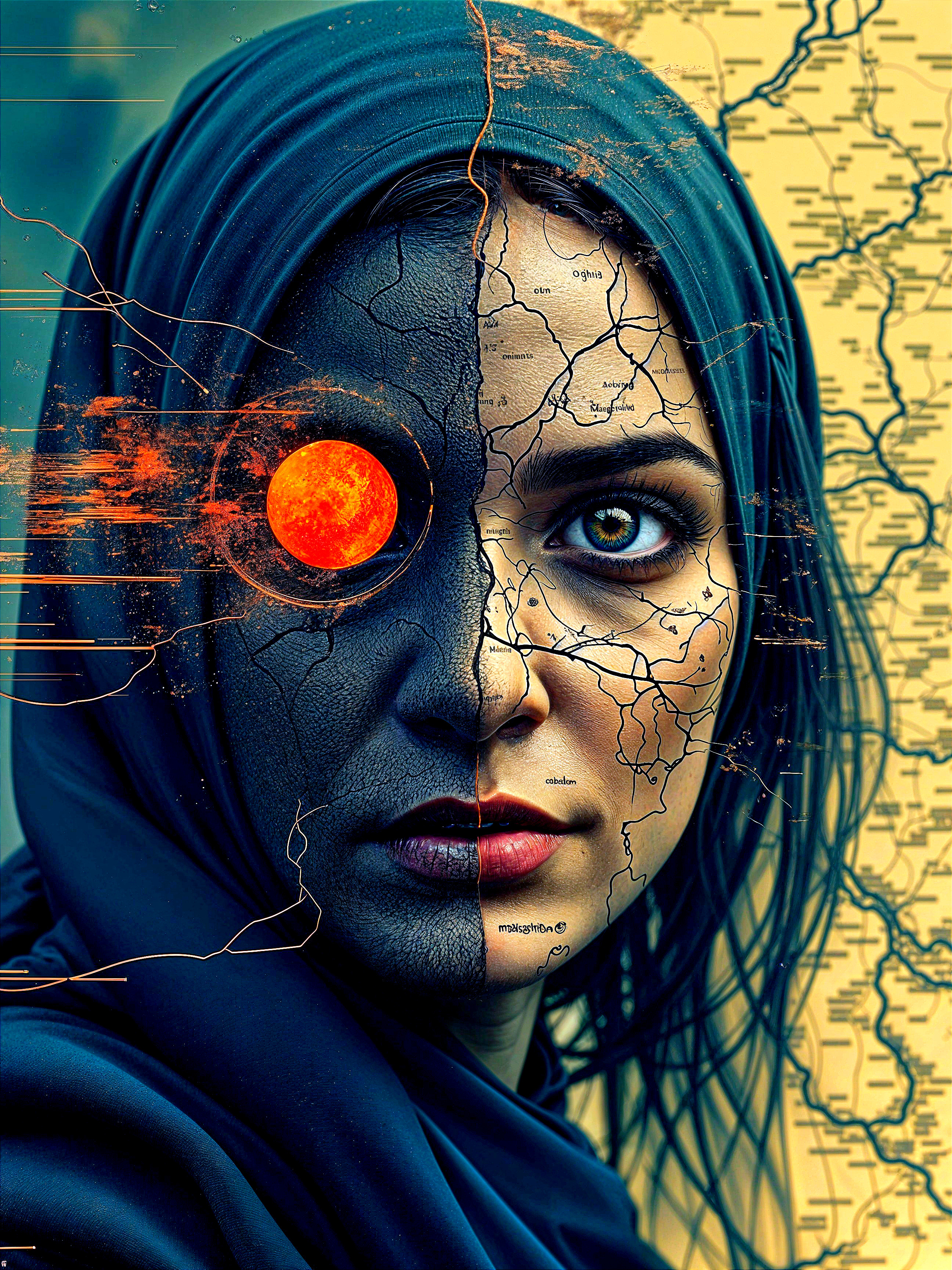 Portrait of a Woman with Contrasting Features and Map