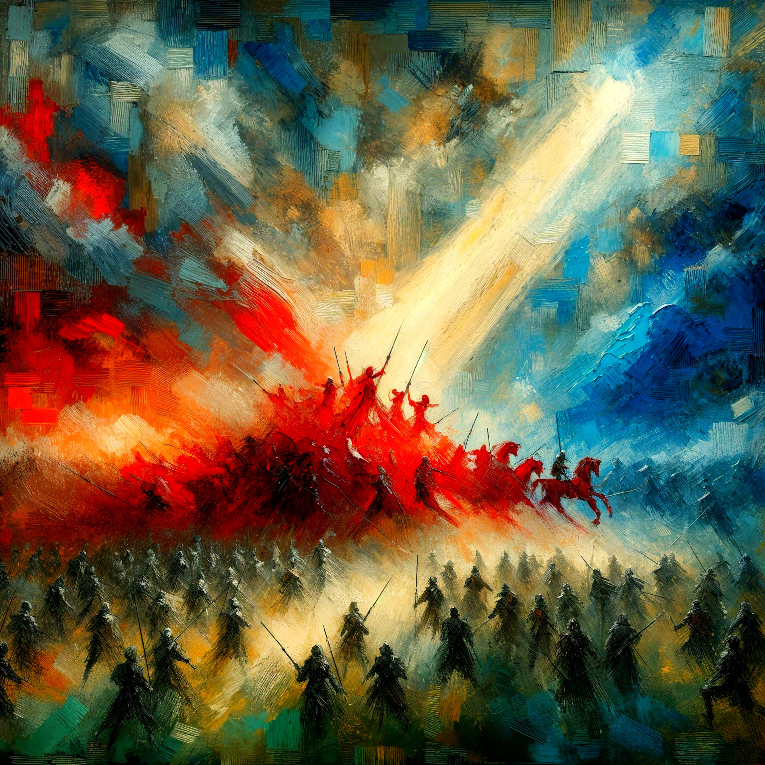 Vibrant Battlefield Scene with Soldiers and Warriors