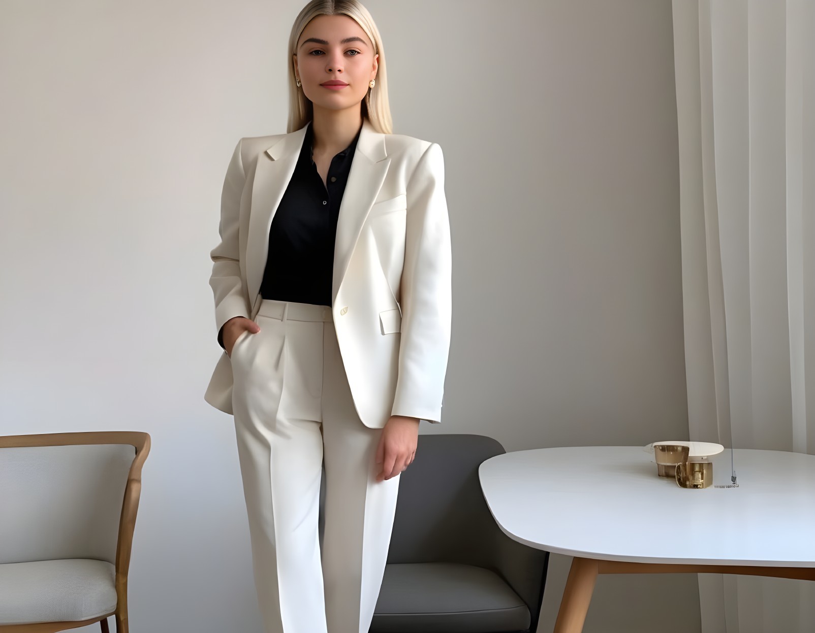 Fashionable Individual in White Suit and Black Polo Shirt