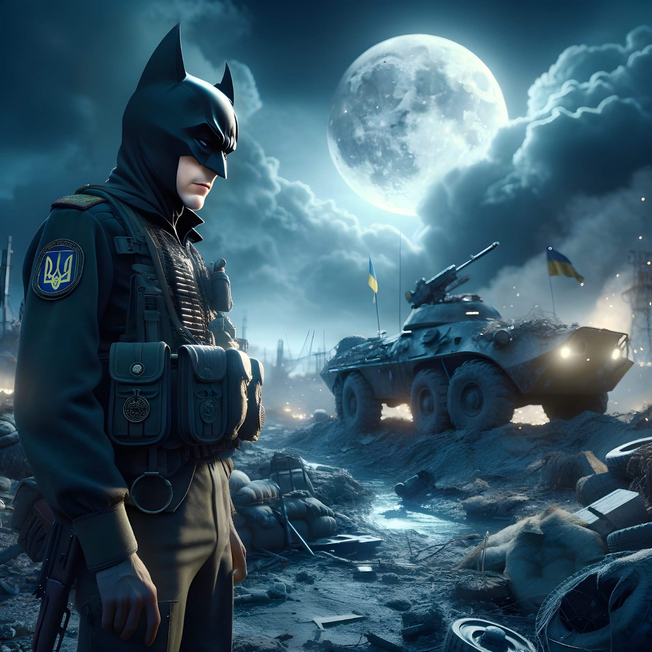 Vigilante Figure in War-Torn Landscape Under Moonlight