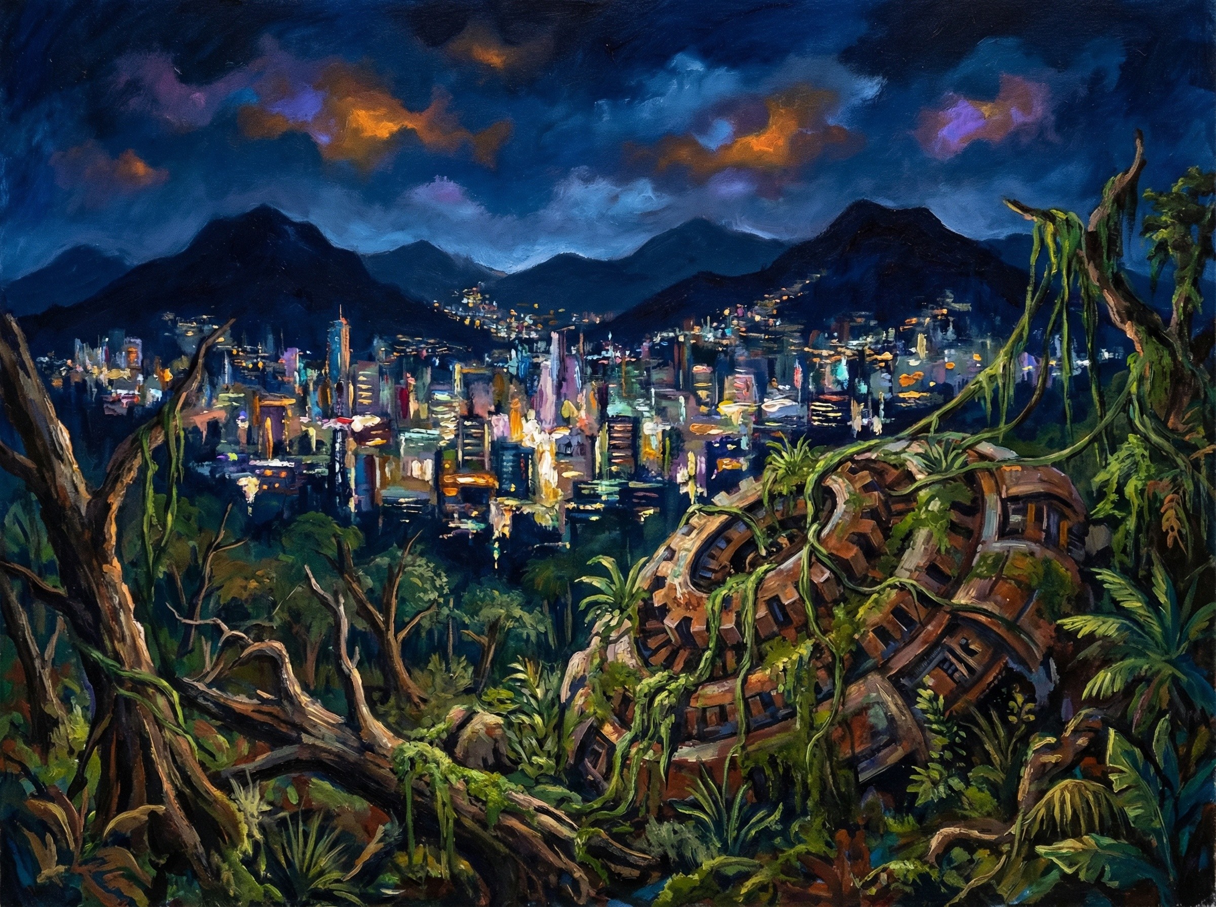 City Skyline at Night Viewed from Jungle Hilltop