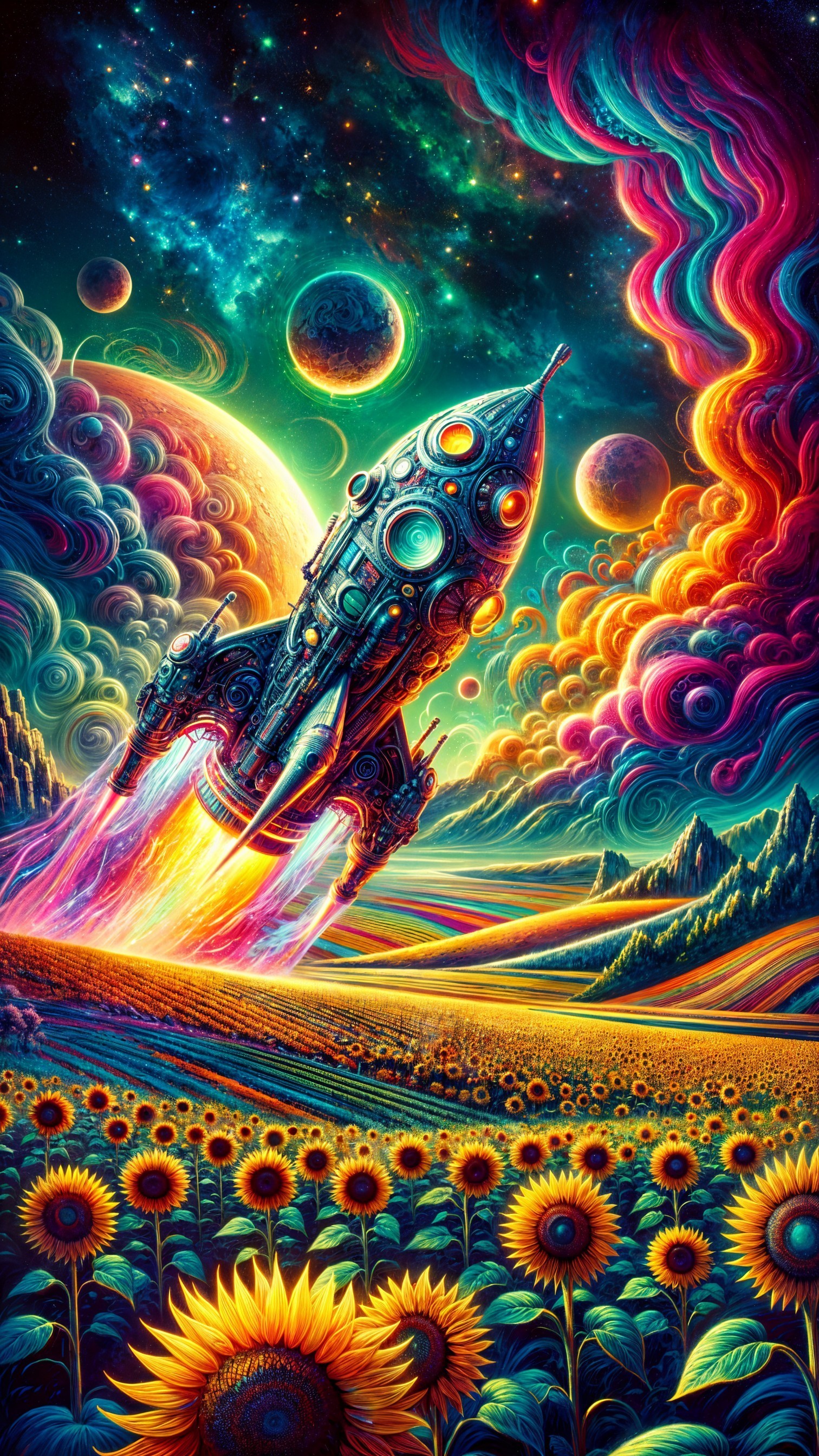 Surreal Landscape with Rocket and Colorful Galaxy