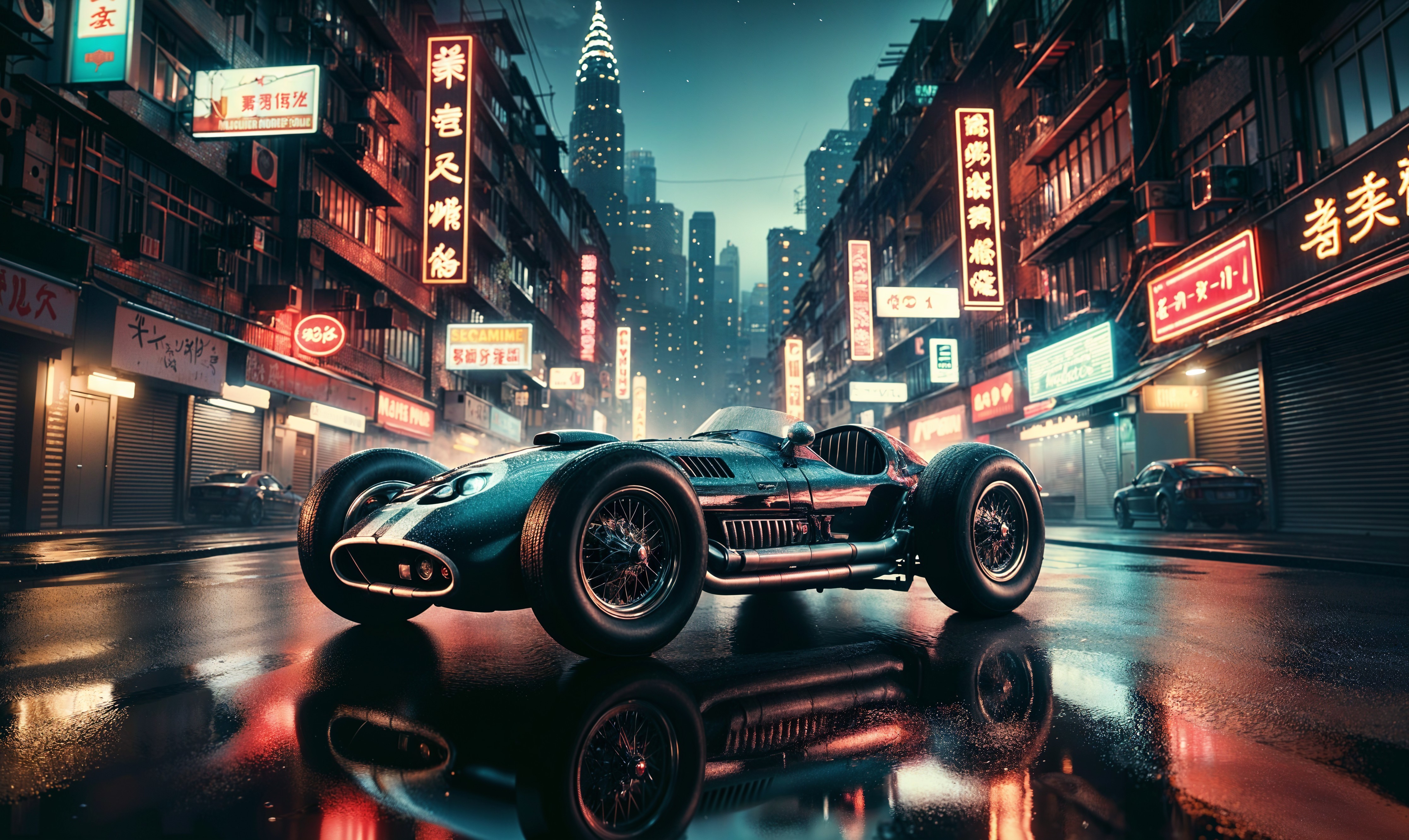 Vintage Racing Car in Neon-Lit Cityscape at Night