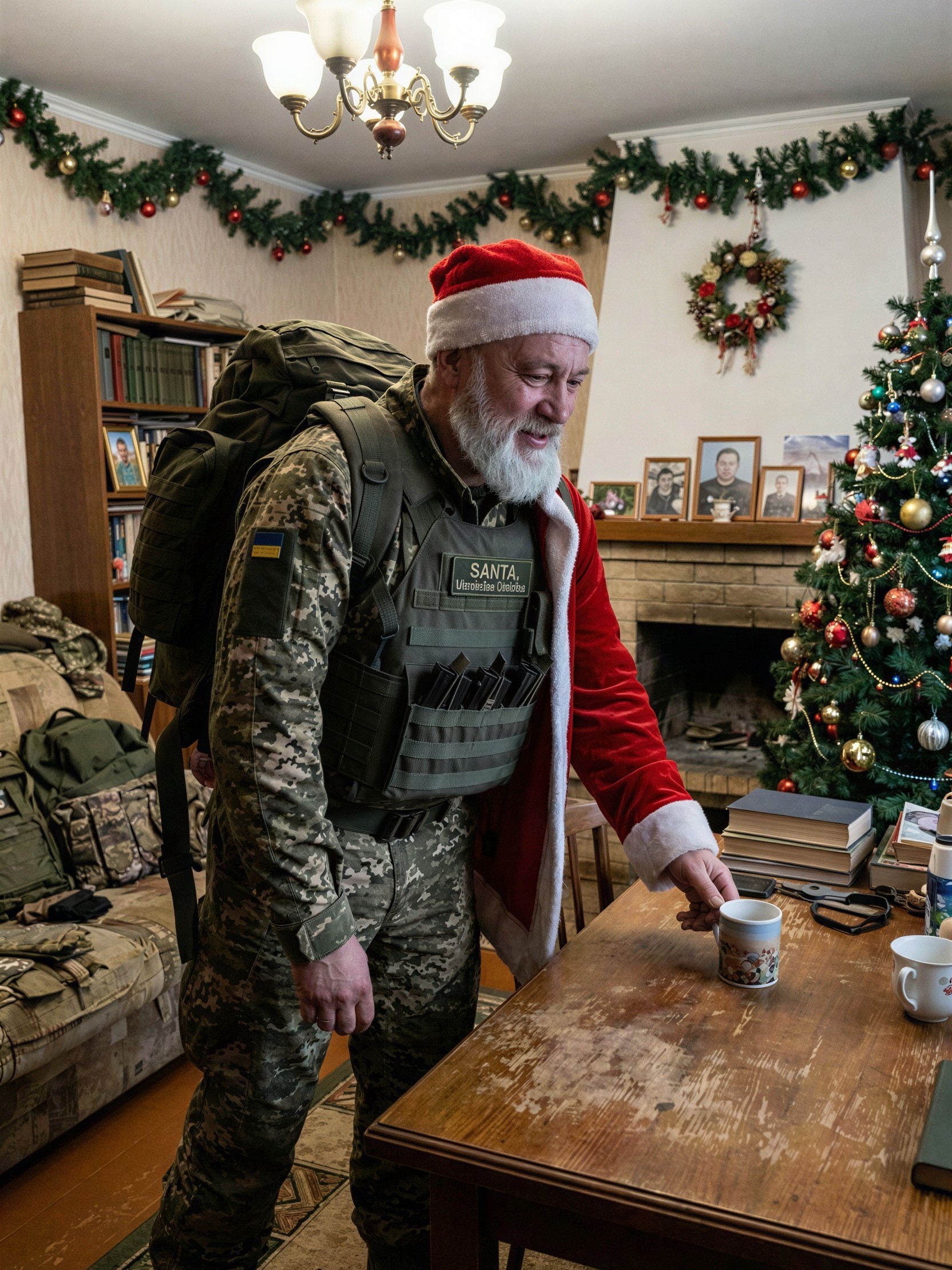 Middle-aged man in Santa-themed military attire in living room